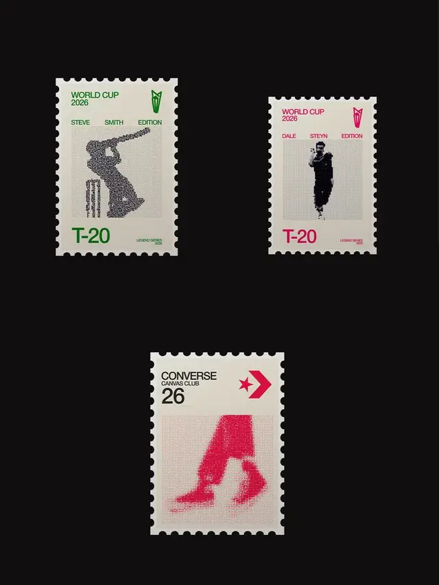 Stamp-style T-20 World Cup and Converse poster set — halftone silhouettes