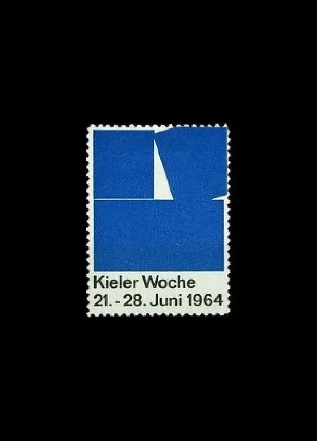 1964 Kieler Woche postage stamp — blue minimalist sailboat
