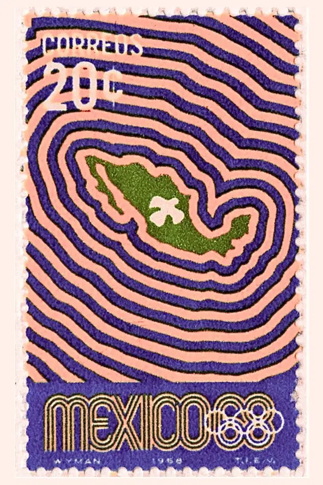 Mexico 68 Olympic Commemorative Stamp — Stylized Map & Contour Lines