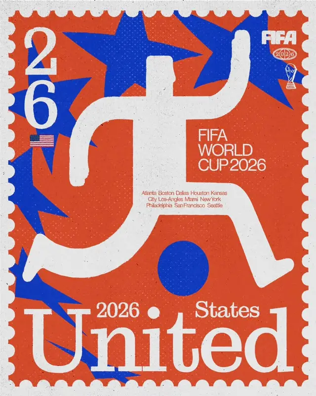 FIFA World Cup 2026 — United States postage‑stamp poster (orange & blue)
