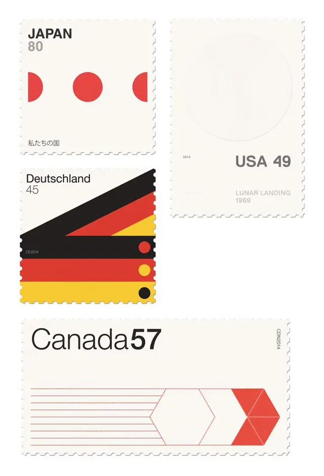Minimalist geometric postage stamp series — Japan, USA, Deutschland, Canada