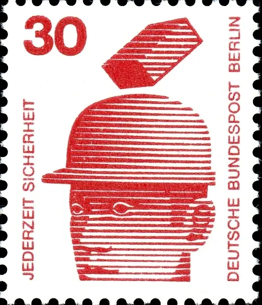Deutsche Bundespost Berlin 30 — red safety stamp with hard hat and suspended block