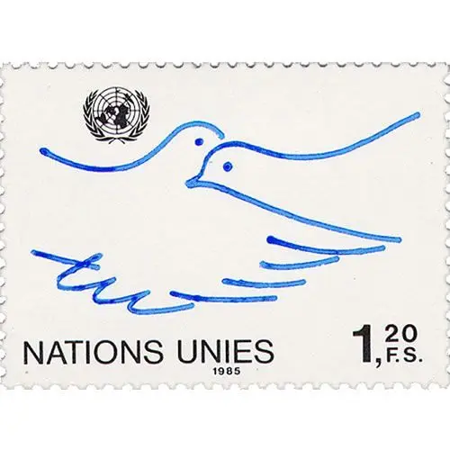 United Nations postage stamp — blue dove illustration (1985)