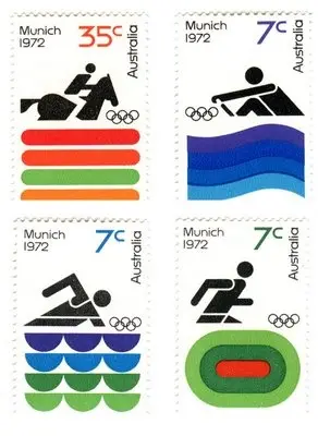 Australian Munich 1972 Olympic postage stamps — four minimalist sports pictograms