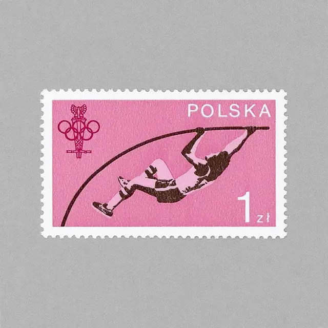 Vintage Polish postage stamp — pole vault (pink, 1 zł)