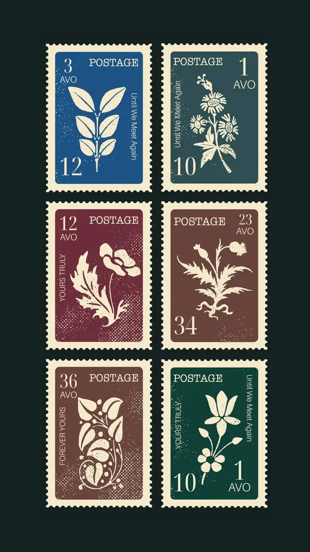 Vintage Botanical Postage Stamp Sheet — Six Perforated Stamps (AVO)