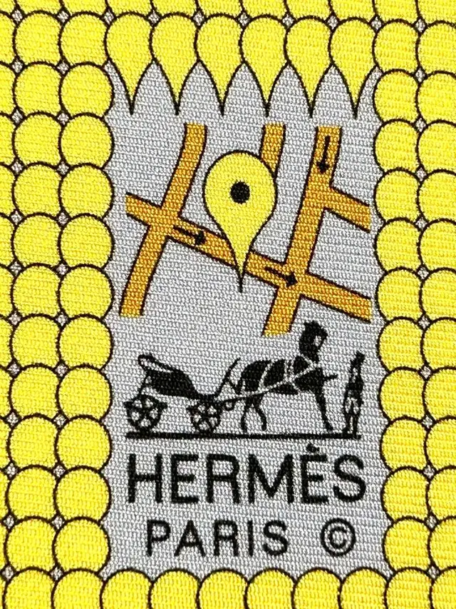 Hermès scarf close-up with carriage logo and yellow map motif
