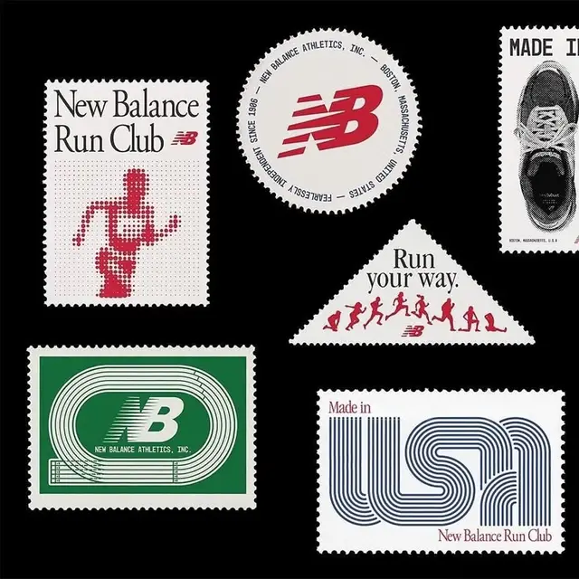New Balance stamp-style promotional stickers featuring NB logos and running motifs