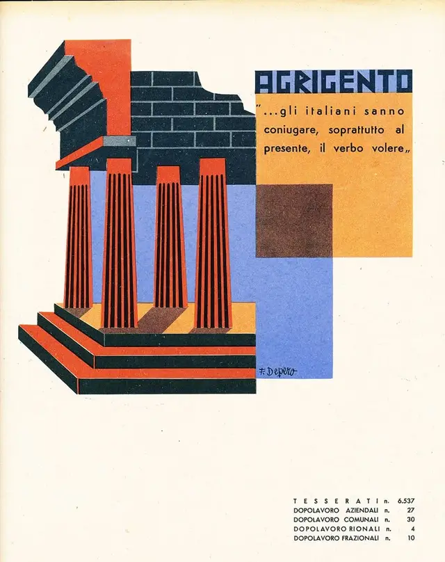 Agrigento travel poster — geometric temple illustration by Depero