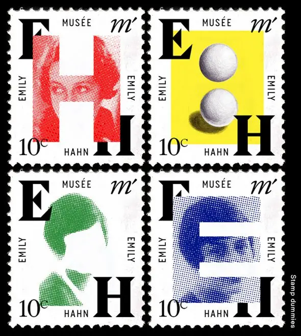 Set of four graphic 'Musée Emily Hahn' 10c mock postage stamps — red, yellow, green, blue
