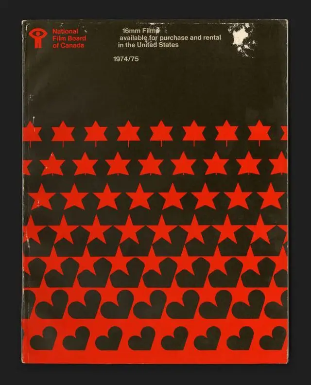 National Film Board of Canada 1974/75 16mm Film Catalogue Cover — red stars and hearts