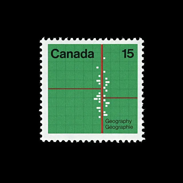 Canada 15 postage stamp — green grid 'Geography / Geographie' design