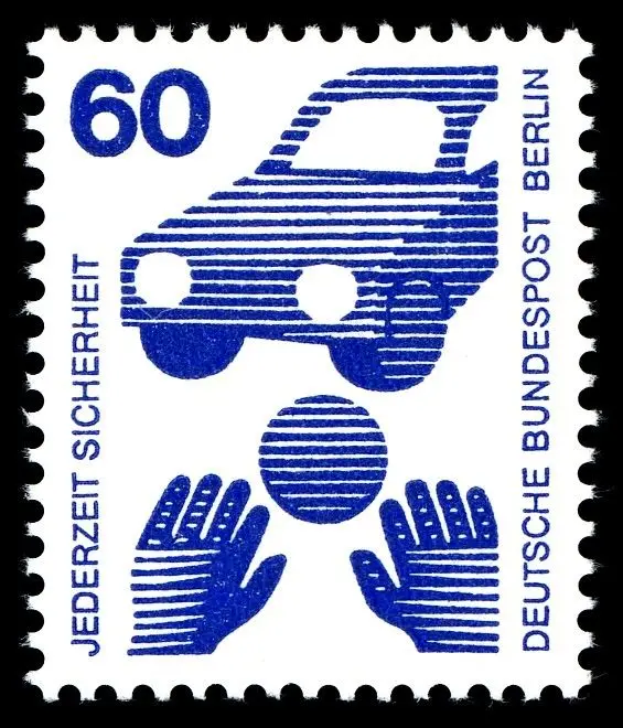 Deutsche Bundespost Berlin 60 pfennig safety stamp — blue striped car and gloves