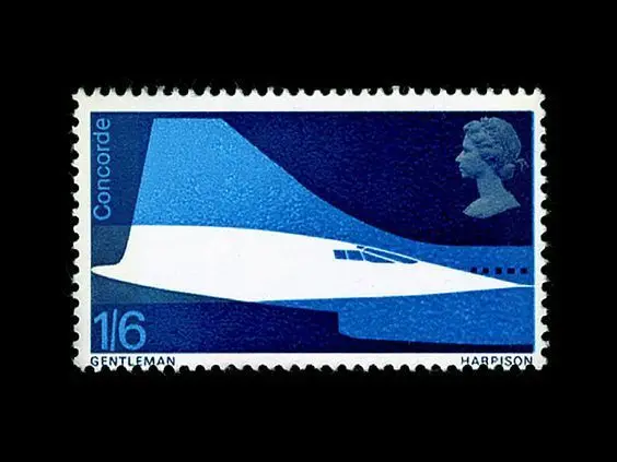 Blue Concorde British postage stamp — white Concorde silhouette, 1/6 denomination