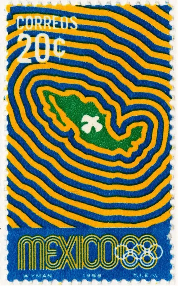 Mexico '68 Olympic commemorative stamp — 20c wavy op‑art design