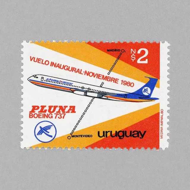 PLUNA Boeing 737 inaugural flight postage stamp (November 1980)