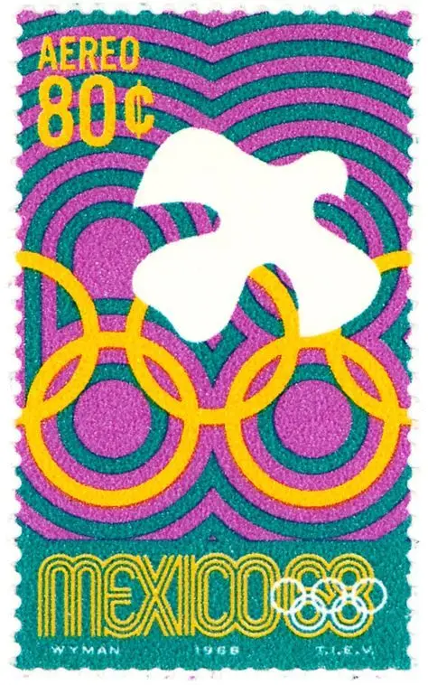 Mexico 68 Olympic Aéreo 80¢ stamp — white dove over interlocking rings