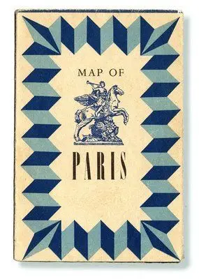 Vintage 'Map of Paris' cover with blue geometric border and equestrian illustration