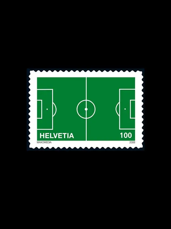 Helvetia 100 postage stamp — green soccer pitch graphic (2008)