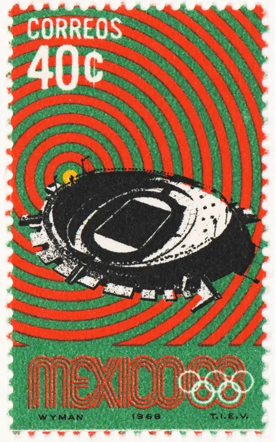 Mexico 1968 Olympic 40c postage stamp — concentric red & green Op-art stadium