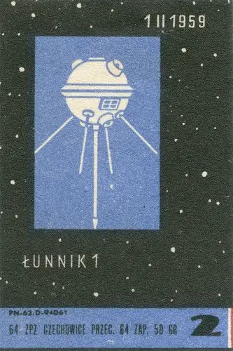 Vintage printed label: 'LUNNIK 1' satellite illustration (1959)