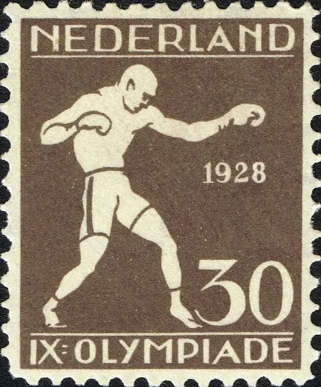 1928 Netherlands commemorative stamp — boxer silhouette, denomination 30