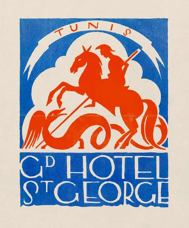 Tunis — Hôtel St George travel poster (linocut-style horseman vs. dragon)