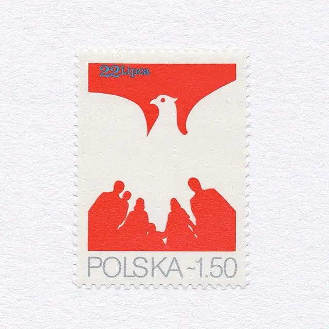 Polish postage stamp with white dove and red crowd — "22 Lipca" Polska 1.50