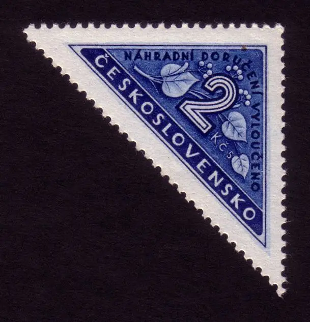 Triangular 2 Kčs Czechoslovak postage stamp — blue botanical design
