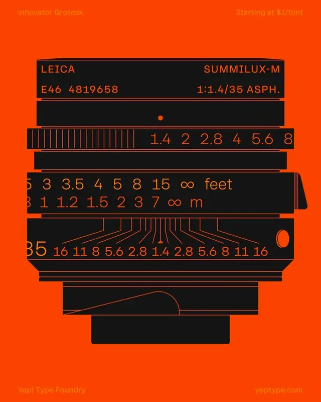 Yep Type Foundry poster: Leica Summilux‑M lens schematic in orange