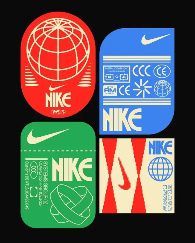 Nike badge set — four retro label panels with swoosh and globe