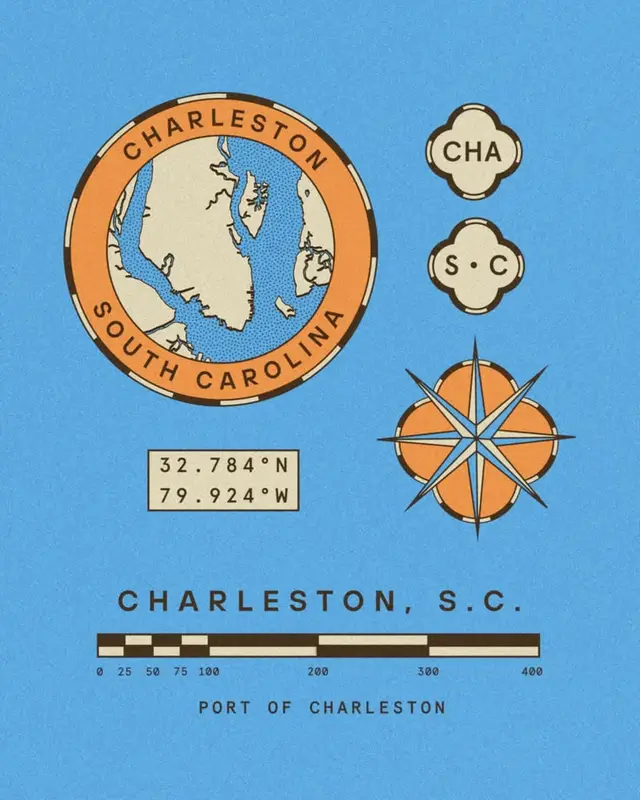 Charleston, South Carolina — Retro Nautical Map Poster
