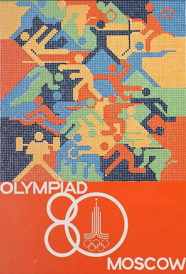 Mosaic sports poster with bold orange panel and 'OLYMPIAD MOSCOW' text