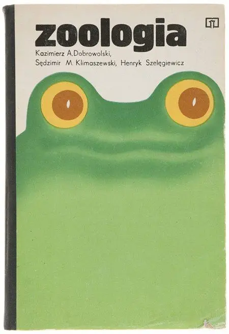 Zoologia — vintage textbook cover with stylized frog illustration