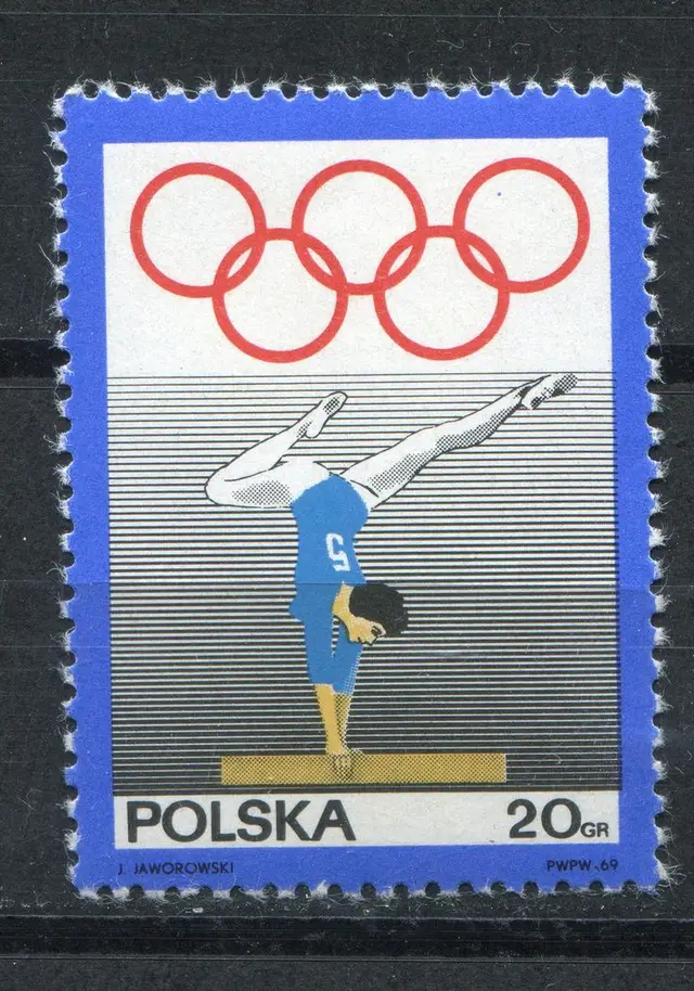 Polish 20 gr postage stamp — gymnast handstand on balance beam with Olympic rings (J. Jawó