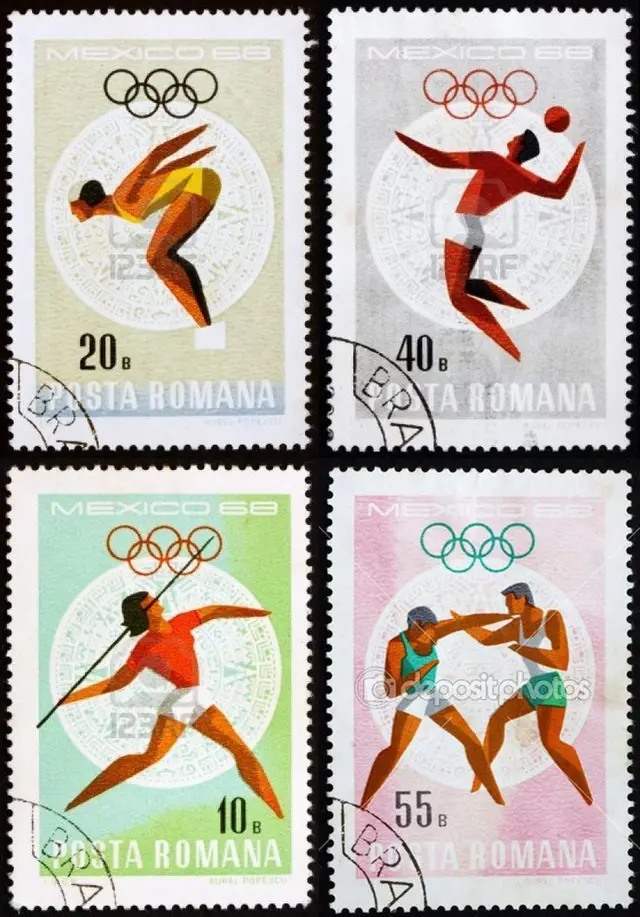 Romanian postage stamp set: Mexico 68 Olympics — four stylized athlete designs