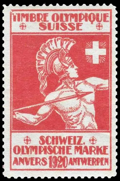 Swiss Olympic stamp (Antwerpen 1920) — helmeted athlete with spear