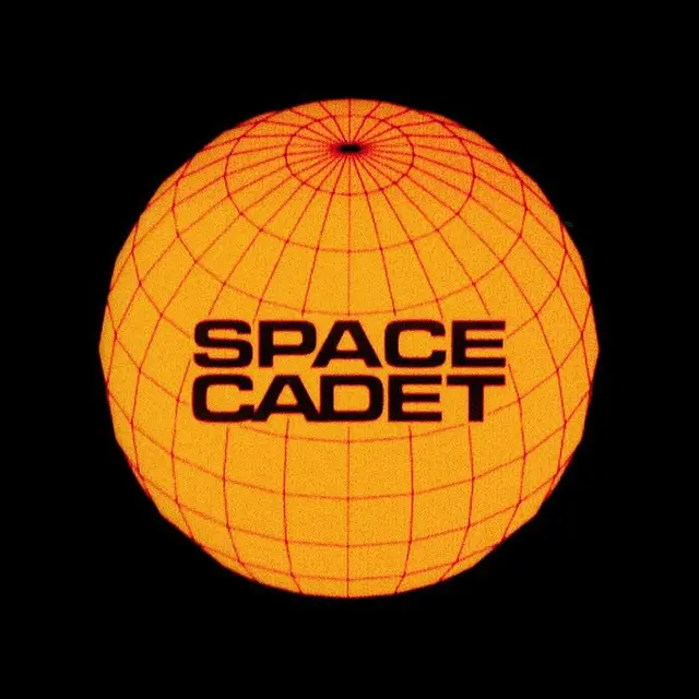 Retro Orange Wireframe Globe with 'SPACE CADET' Text