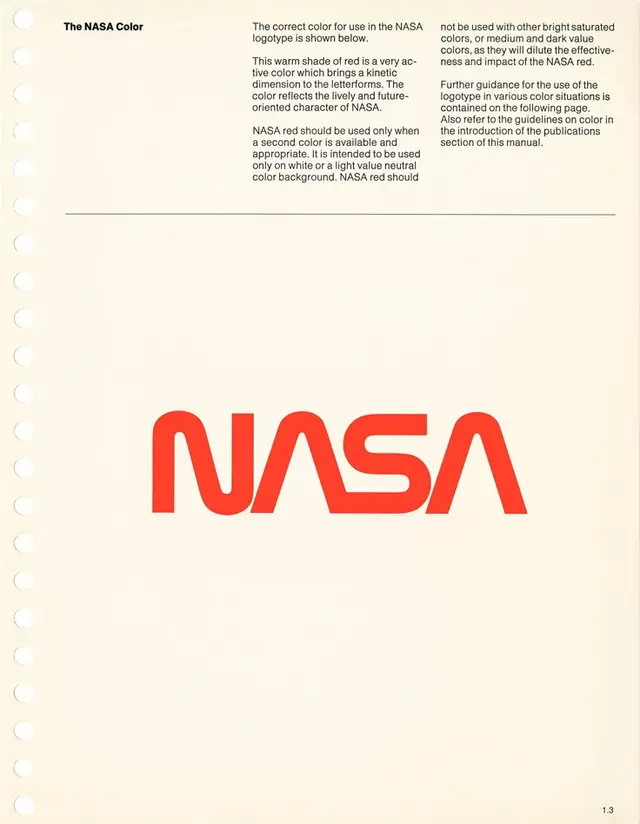 NASA brand guideline page showing red 'worm' logotype