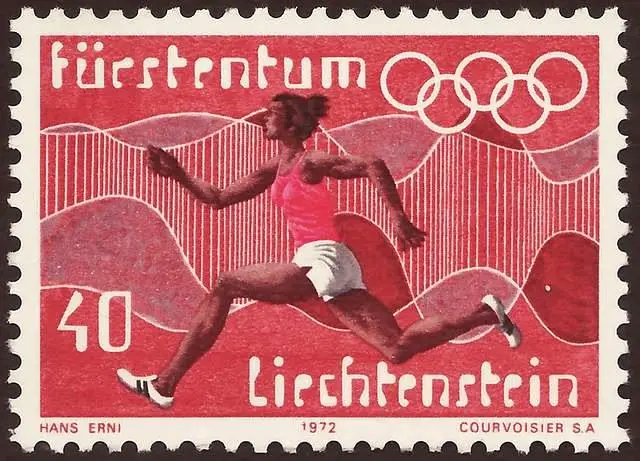 1972 Liechtenstein Olympic postage stamp (40) — sprinter design by Hans Erni