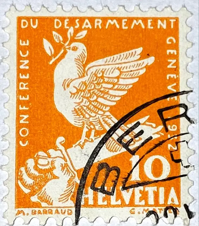 Swiss Helvetia stamp (1925) — orange disarmament dove with olive branch