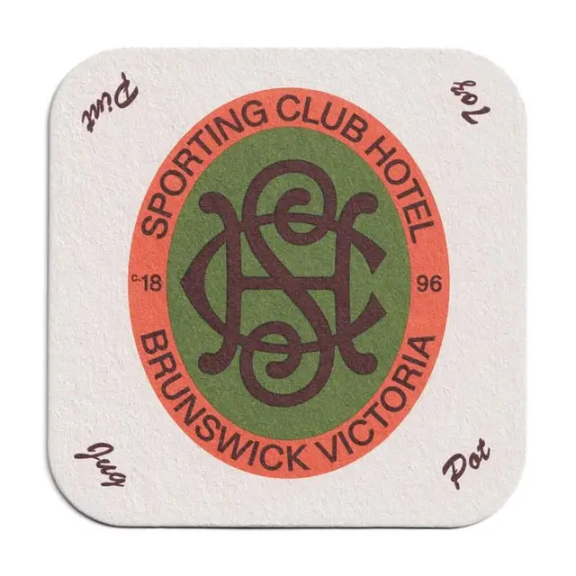 Sporting Club Hotel vintage paper coaster — Brunswick, Victoria