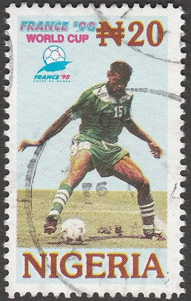 Nigeria N20 postage stamp — France '98 World Cup footballer (used)
