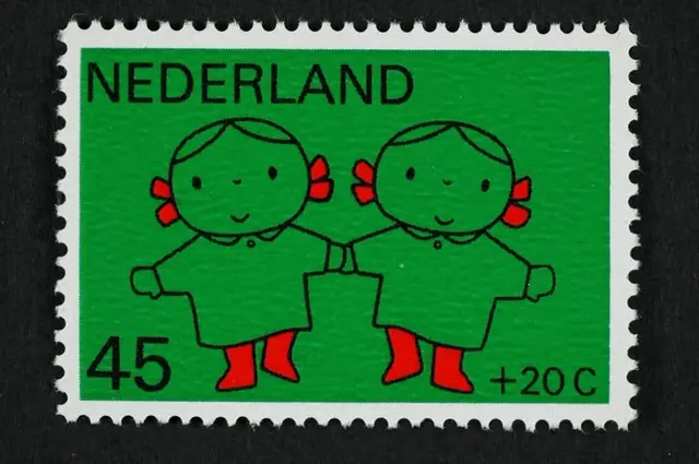 Dutch postage stamp with two stylized children — NEDERLAND 45 +20 C