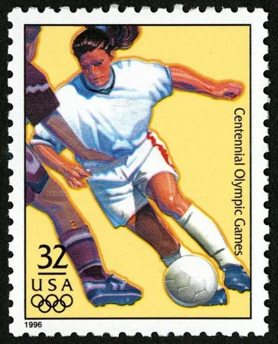 1996 USA 32¢ Centennial Olympic Games postage stamp — soccer players illustration