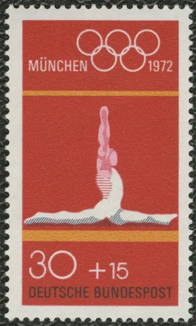 1972 München Olympic postage stamp — gymnast silhouette (30 + 15, Deutsche Bundespost)