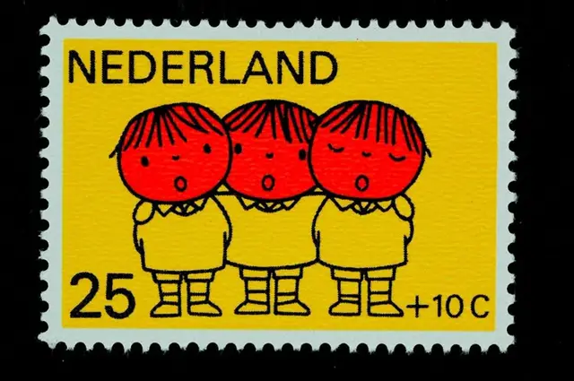 Netherlands postage stamp with three stylized children, denomination 25 +10 C