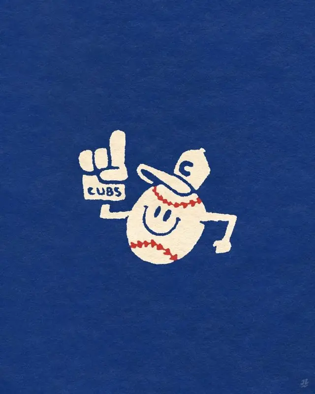 Retro smiling baseball mascot with 'CUBS' foam finger on royal blue background