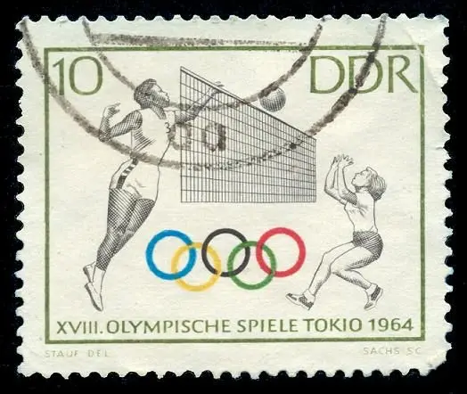 East German (DDR) 1964 Olympic Stamp — Volleyball, 10 DDR
