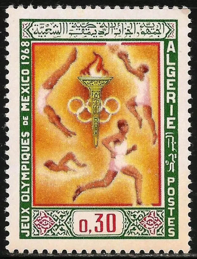 Algerie 1968 Mexico Olympics postage stamp — torch & athletes (0,30)
